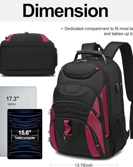 Boavan Laptop Backpack for men, 17.3 inch Laptop Bag with USB Port, Waterproof Travel Work Backpack Purse, Anti-Theft Teacher Nurse Doctor Casual Bookbags Office Business backpack，Black&Russet Red