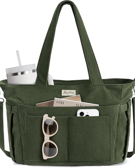 Corduroy Tote Bag for Women, 17 Pockets Laptop Work Tote Bag Lightweight Teacher Nurse Bible Bag for School Travel | with 40oz Cup Holder, Multi Compartment, Zipper Crossbody Bag, College Shoulder Bag, Daily Purse w/ Strap, Ideal Gift for Women