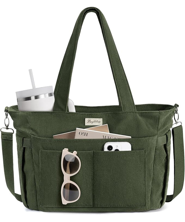 Corduroy Tote Bag for Women, 17 Pockets Laptop Work Tote Bag Lightweight Teacher Nurse Bible Bag for School Travel | with 40oz Cup Holder, Multi Compartment, Zipper Crossbody Bag, College Shoulder Bag, Daily Purse w/ Strap, Ideal Gift for Women