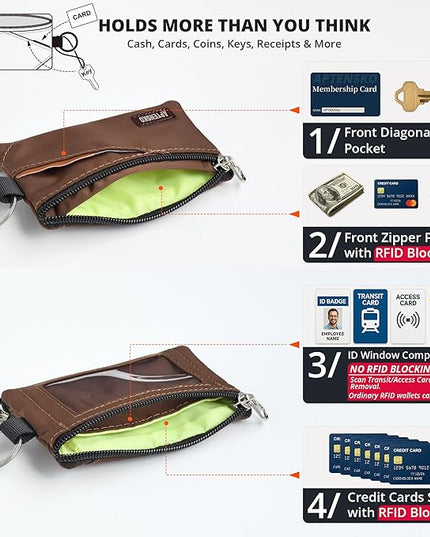 RFID Travel Wallet with Adjustable Lanyard-Zipper Small Wallet with ID Card Holder, Keychain for women&men-Minimalist Slim Waterproof Nylon case for ID, Cash, Key (Coffee)
