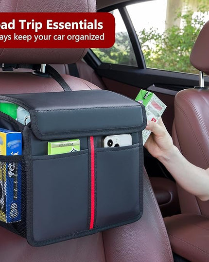 Hanging Car Seat Organizer with Lid - Premium PU Leather Backseat Organizer for Kids & Adults (Black)