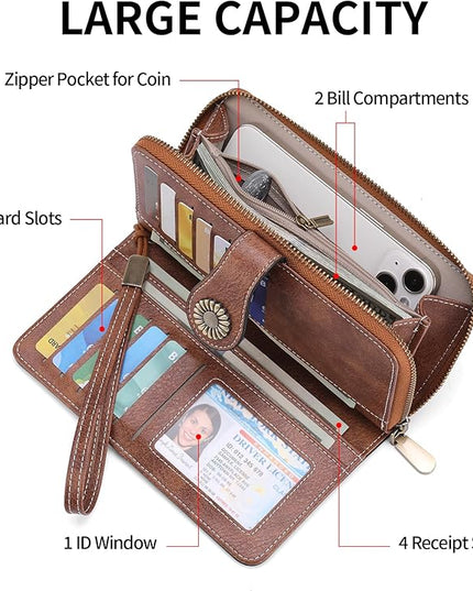 SENDEFN Wallet for Women RFID Blocking Leather Clutch Long Purse Large Capacity Credit Card Holder Wristlet