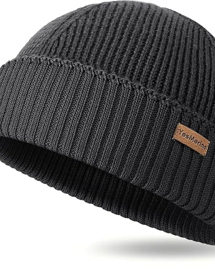 100% Merino Wool Fisherman Beanie for Men Women, Short Knit Cuff Trawler Winter Hat, Warm Soft Outdoor Gift