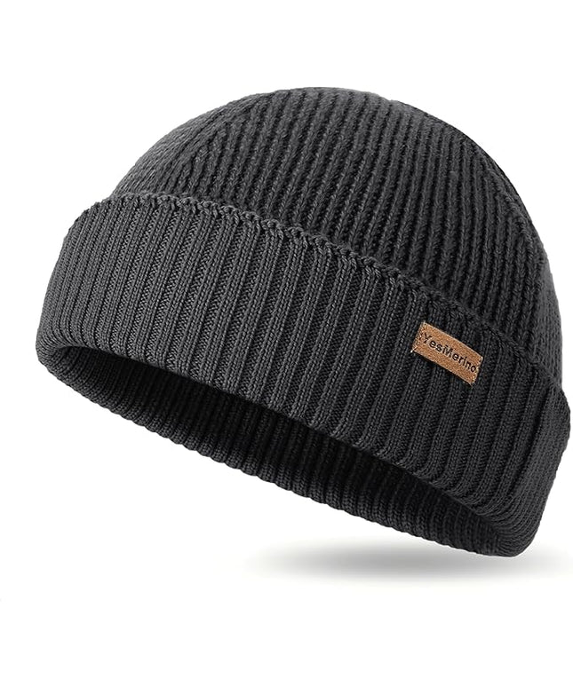 100% Merino Wool Fisherman Beanie for Men Women, Short Knit Cuff Trawler Winter Hat, Warm Soft Outdoor Gift