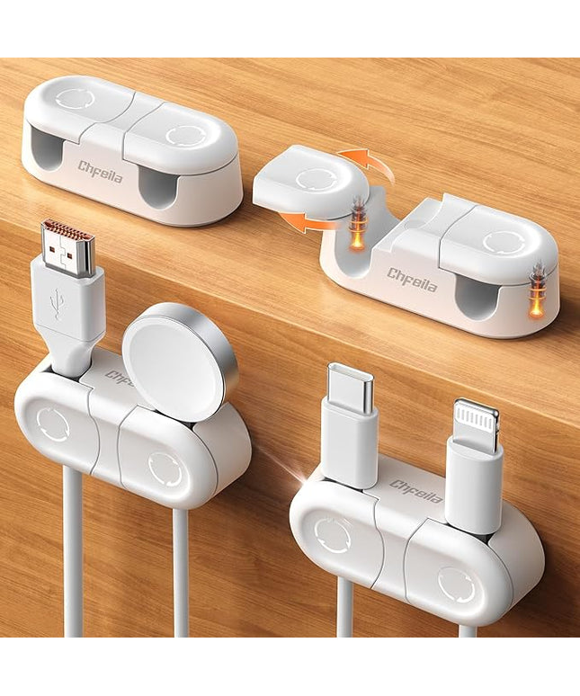 Magnetic Cable Clips - Chfeila 4Pack [Dual Slot] [360°Rotating & Twist-Lock] Cord Management, Adhesive Phone Charging Keeper, Wire Organizer Holder for Nightstand, Home Office Desk Accessories Decor