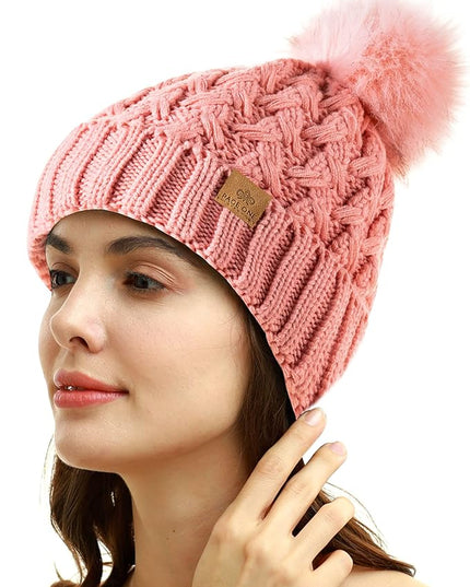 PAGE ONE Womens Winter Ribbed Beanie Crossed Cap Chunky Cable Knit Pompom Soft Warm Hat