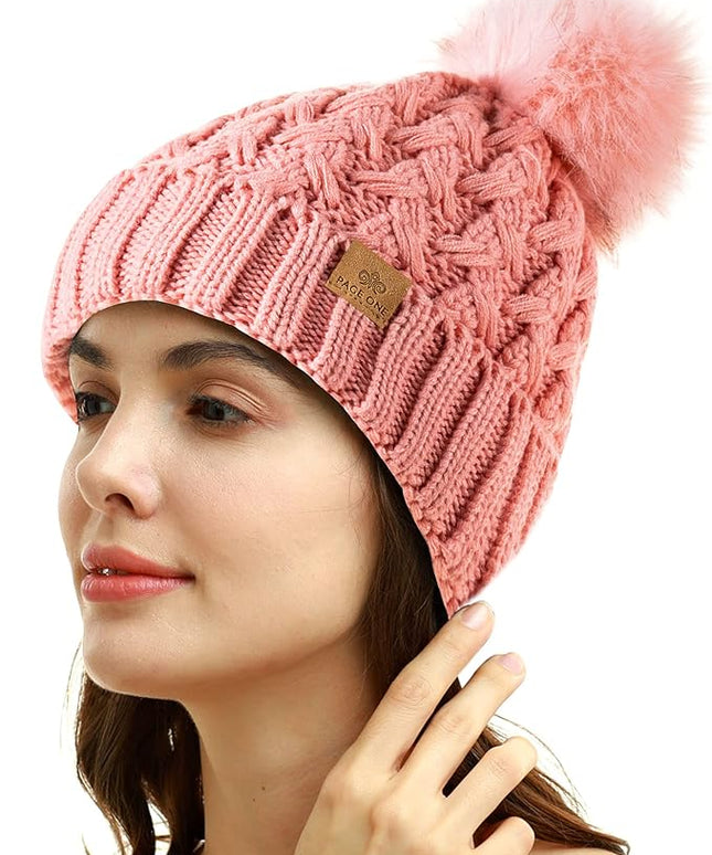 PAGE ONE Womens Winter Ribbed Beanie Crossed Cap Chunky Cable Knit Pompom Soft Warm Hat