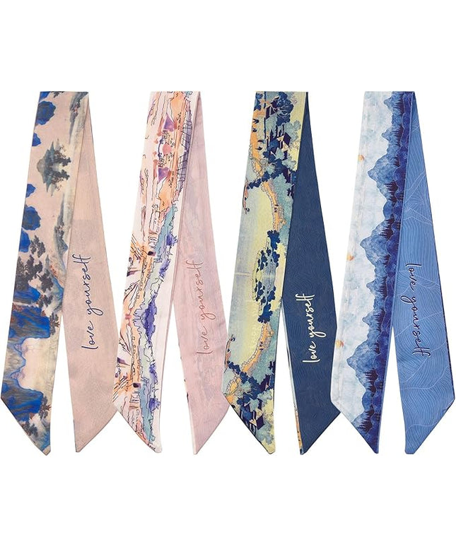 4 Pack Purse Scarf Handbags Skinny Twill Hair Scarves Narrow Neck Scarf Band Women Fashion Accessories Bag Charms