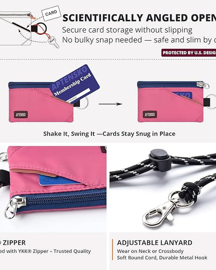 RFID Travel Wallet with Adjustable Lanyard-Zipper Small Wallet with ID Card Holder, Keychain for women&men-Minimalist Slim Waterproof Nylon case for ID, Cash, Key (Rose Pink)