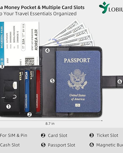 Passport Holder For Travel with Luggage Tag Cover – RFID Blocking Travel Passport Wallet Holder for Men/Family| PU Leather Passport Case with Extra Money Pocket/Magnetic Clasp, Black