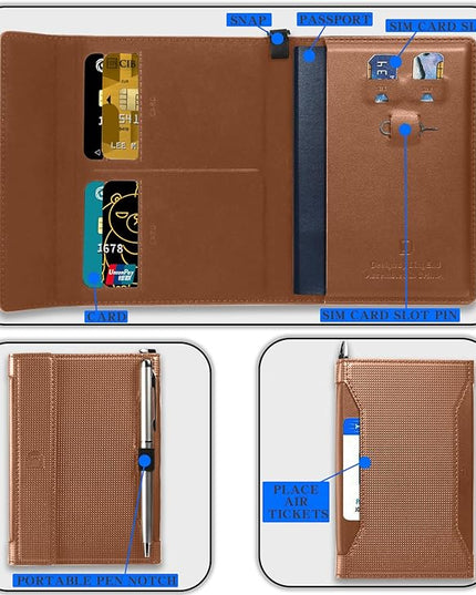 Passport Holder for Travel Essentials, RFID Blocking PU Leather Passport Wallet Cover Card holder Case Passport Book Holders for Women and Men, Brown