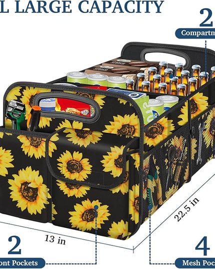 Femuar Car Trunk Organizer, Car Storage Organizer with Large Capacity Waterproof Collapsible Trunk Organizer for Car Suv/Jeep/Sedan (Sunflower, Standard)