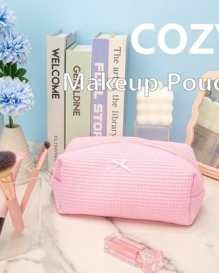 Cozy Makeup Bag Travel Cosmetic Bag for Women Soft Toiletry Bag Aesthetic Makeup Organizer Portable Large Zipper Pouch for Skincare Beauty Accessories Brushes Walffle Check Pink