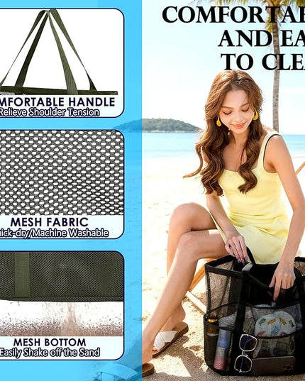 Mesh Beach Bag, Large Beach Tote with Zipper Pocket, Toys Pool Bag for Family Travel Vacation Cruise Essentials