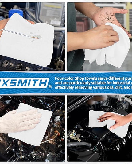 FIXSMITH Microfiber Cleaning Cloth, Shop Towels Bulk, 24 Pack White Microfiber Towels for Cars, All-Purpose Absorbent Cleaning Rags, Dust Cloth for Automotive, Mechanic, Garage, Bar, 12 x 11 inch