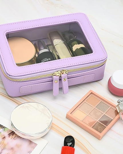 Aveniee Clear Makeup Bag Organizer, Travel Toiletry Bag Cosmetic Case for Women, Portable Make Up Skincare Pouch Car Organizer Bag with Zippers for Essentials,Lilac