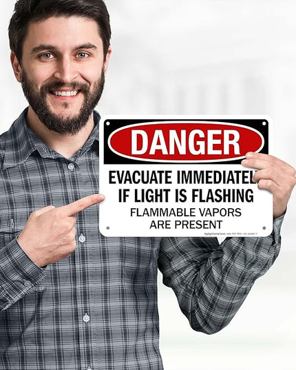 Danger Evacuate Immediately If Light is Flashing Flammable Vapors are Present Sign, 10x7 Inches, Rust Free .040 Aluminum, Fade Resistant, Made in USA by My Sign Center