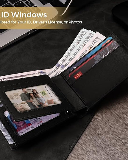 RUNBOX Wallet for Men Bifold RFID Blocking Wallets with 2 ID Window 14 Card Holders 1 cash pocket 1 Gift Box