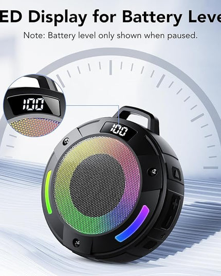 Bluetooth Speaker, 2025 Portable Wireless Shower Speaker, Digital Display Portable Speaker with Detachable hook ,IPX7 Waterproof with LED Light, HD Sound & Bass for Bathroom, Pool, Beach & Outdoor