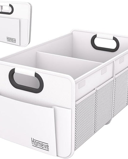 Homeve Trunk Organizer, Car Storage, Reinforced Handles, Collapsible Multi-Compartment, Foldable, Waterproof, Sturdy, 600D Oxford Polyester For Car, SUV, Mini-Van, White, 2 Compart-Small