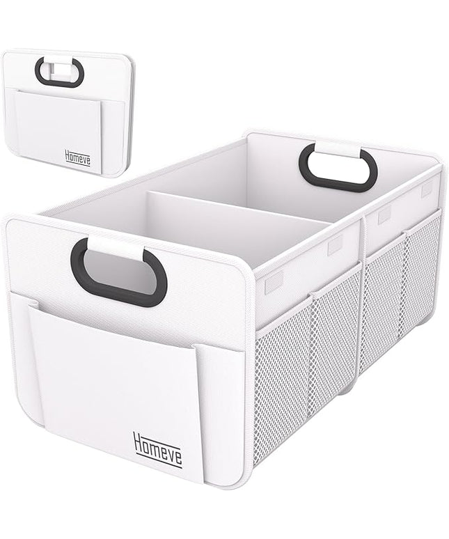 Homeve Trunk Organizer, Car Storage, Reinforced Handles, Collapsible Multi-Compartment, Foldable, Waterproof, Sturdy, 600D Oxford Polyester For Car, SUV, Mini-Van, White, 2 Compart-Small