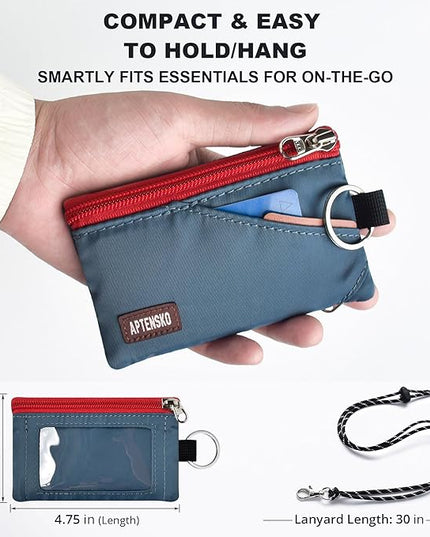 RFID Travel Wallet with Adjustable Lanyard-Zipper Small Wallet with ID Card Holder, Keychain for women&men-Minimalist Slim Waterproof Nylon case for ID, Cash, Key (Slate Blue)