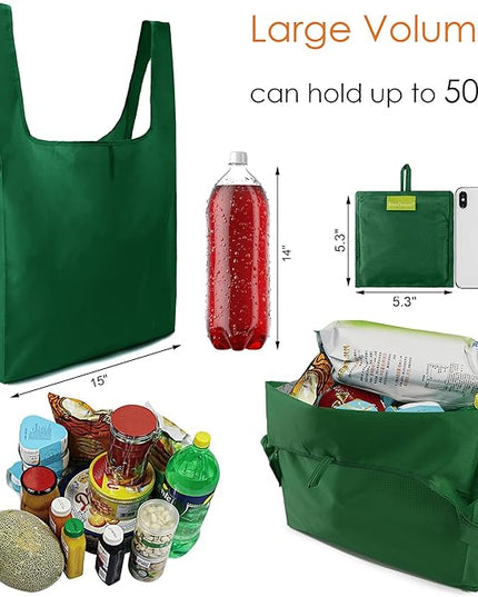 BeeGreen Christmas Green Reusable Grocery Bags Dark Green Reusable Kitchen Bags Bulk Foldable-Machine Washable with Zipper Storage Pouch 50 Packs