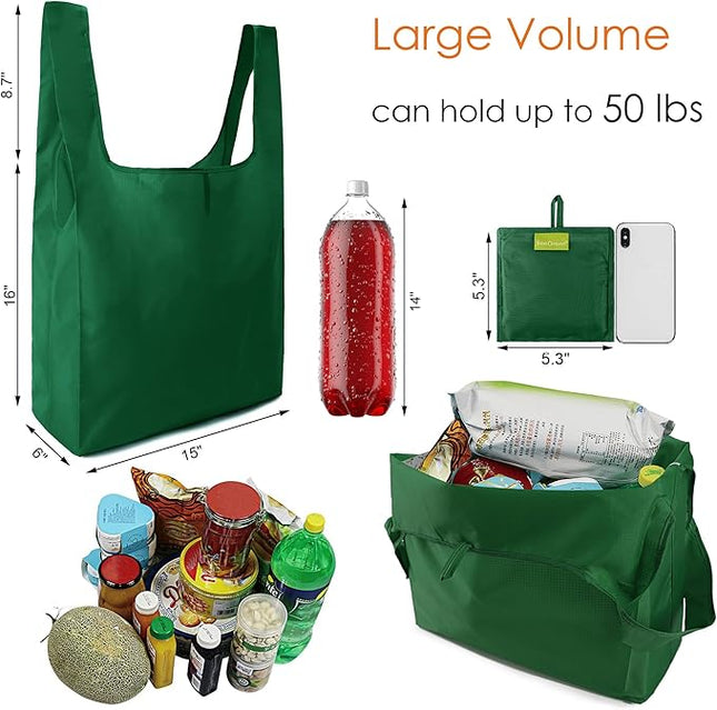 BeeGreen Christmas Green Reusable Grocery Bags with Zipper Storage Pouch 10 Packs Dark Green Reusable Shopping Bags Bulk Foldable-Machine Washable