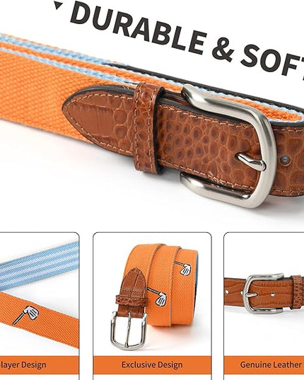 Mile High Life Golf Belts for Men, Canvas Belt with Genuine Leather Tips, Embroidered 2 Layer Web Belt with Pin Buckle