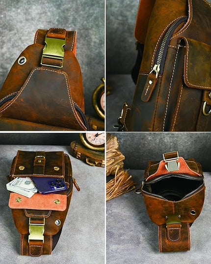 Genuine Leather Hiking Travel DayPack Sling Crossbody Triangle Chest Pack Bag For Men Women 8241