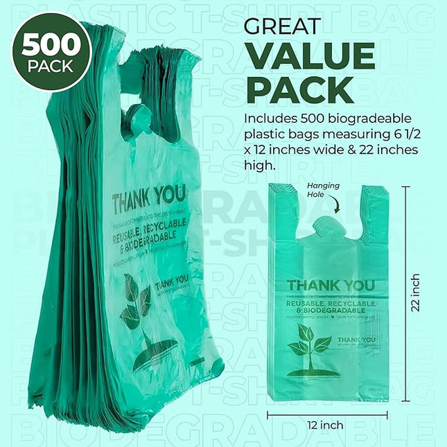 500 Biodegradable Compostable Thank You Plastic Bags - Grocery Shopping Bags with Handles [12" X 6.5" X 22"] Eco Friendly Green Plastic T Shirt Bags for Small Business Restaurant Supplies Retail Store
