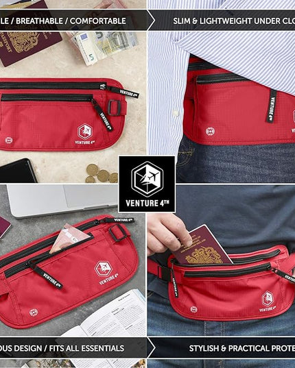 VENTURE 4TH Money Belt for Travel – Hidden Under-Clothes RFID Blocking Passport Holder & Slim Travel Wallet Pouch for Men & Women to Protect Cash, Cards & Documents (Red)