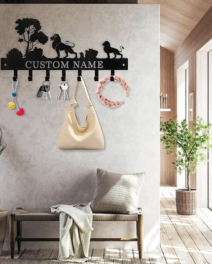 Kotagi Personalized Key Holder Wall Mount, Black Metal Key Hanger Adhesive Key Rack Organizer with Lion Design, Key Hooks Wall Decorative for Living Room, Entryway, Doorway, Hallway, Garage