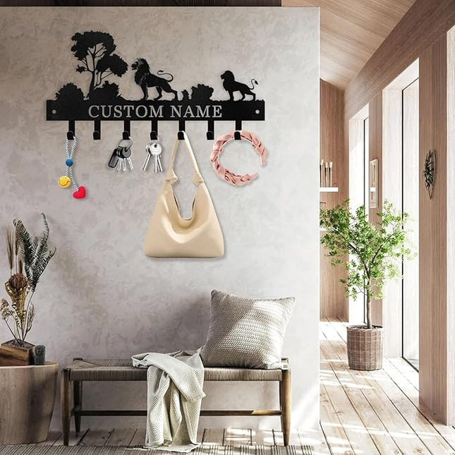 Kotagi Personalized Key Holder Wall Mount, Black Metal Key Hanger Adhesive Key Rack Organizer with Lion Design, Key Hooks Wall Decorative for Living Room, Entryway, Doorway, Hallway, Garage