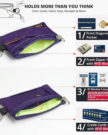 RFID Travel Wallet with Adjustable Lanyard-Zipper Small Wallet with ID Card Holder, Keychain for women&men-Minimalist Slim Waterproof Nylon case for ID, Cash, Key (Deep Purple)