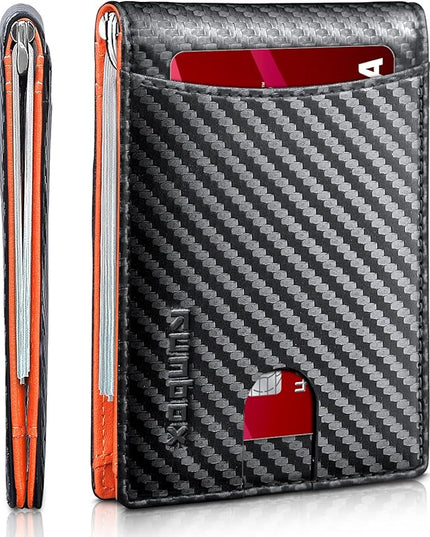 RUNBOX Slim Wallet for Men Genuine Leather RFID Blocking Bifold Minimalist Front Pocket Mens Wallet with Money Clip Thin Gift Box