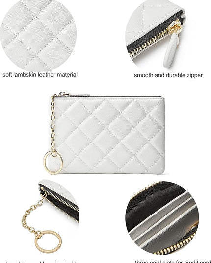 DORIS&JACKY Soft Lambskin Leather Coin Purse Small Quilted RFID Blocking Top Zipper Wallet With Key Chain