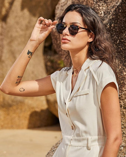 CARFIA Small Face Acetate Polarized Sunglasses for Women UV Protection, Retro Double Bridge Eyewears Metal Brow Round Sunnies