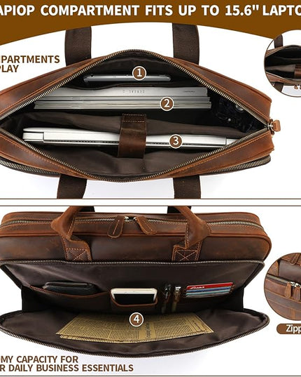 Jack&Chris Full Grain Leather Briefcase for Men, Business Messenger Bag Laptop Bag Attache Case, Fits 15.6 Inch Laptop