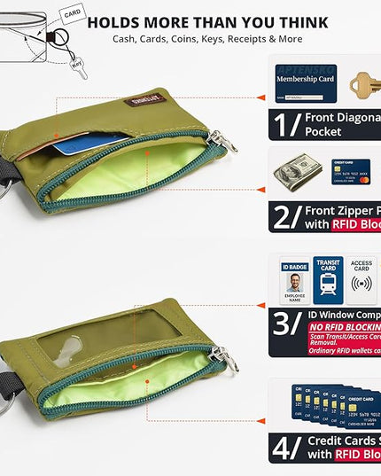 RFID Travel Wallet with Adjustable Lanyard-Zipper Small Wallet with ID Card Holder, Keychain for women&men-Minimalist Slim Waterproof Nylon case for ID, Cash, Key (Olive Green)