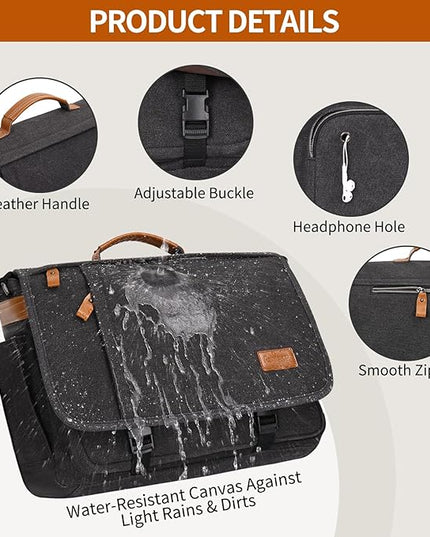 ESTARER Messenger Bag 17-17.3 Inch, Men's Computer Satchel Water-resistant Canvas, Teacher Laptop Briefcase for Work Office College, Dark Grey