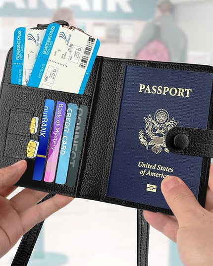 Passport Holder RFID Protected Wallet and Luggage Tag with Protection Cover Travel Accessories Leather Card Case Organizer for Women Men (Black)