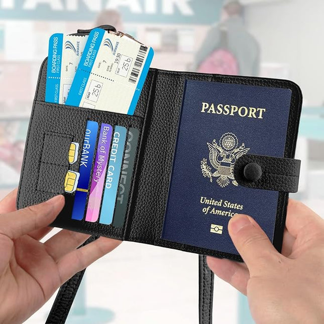 Passport Holder RFID Protected Wallet and Luggage Tag with Protection Cover Travel Accessories Leather Card Case Organizer for Women Men (Black)
