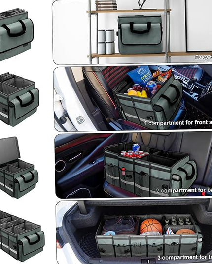 Car Trunk Organizer and Storage with Removable Leakproof Cooler Bag, 6 Removable Dividers for Custom Space, Collapsible Trunk Storage with Non Slip Bottom, Foldable Cover for SUV, Jeep, MPVs