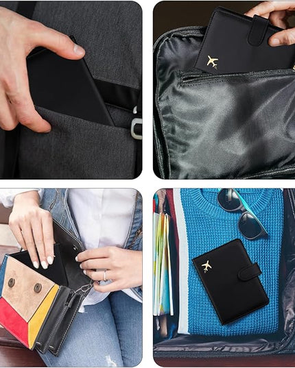 GOAUS Passport Holder for Travel with AirTag Slot Cards Cash Pocket, Faux Leather Travle Wallet Gifts for Women Men RFID Blocking Book Case Black, AirTag Not Included