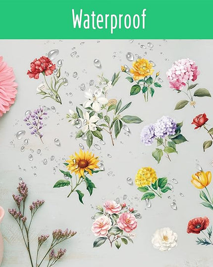 300 PCS PVC Flower Stickers, Self-Adhesive PVC Nature Floral Stickers for Scrapbook, Laptop, Journal, DIY Project, Spring Themed Party Decors