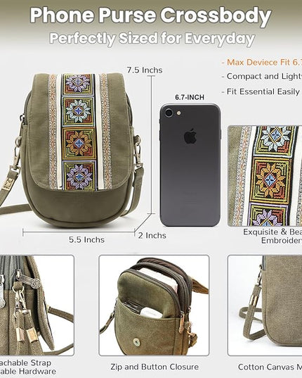 Goodhan Embroidery Canvas Crossbody Bag Cell phone Pouch Coin Purse for Women