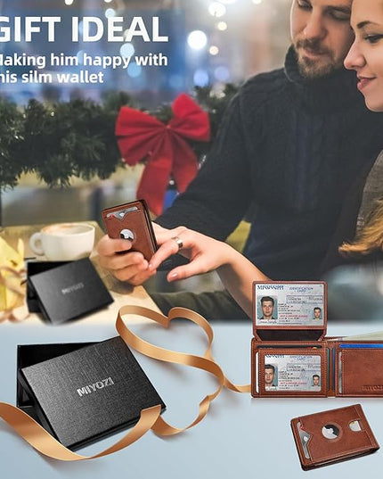 miyozi Airtag Wallet for Men,with Cash Pocket 2 ID Window 13 Cards,Slim Leather Wallet Front Pocket Card Holder RFID Blocking with Gift Box