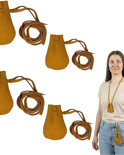 Mythrojan Small Trinket Pouches Suede Leather Drawstring Coin & Dice Bags for LARP, SCA, Viking & Medieval Events (Yellow - Pack of 4)