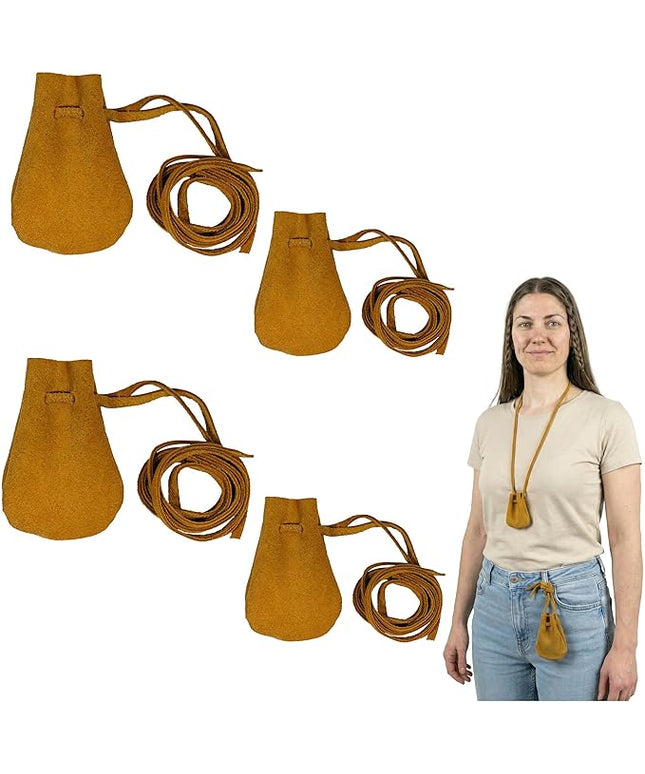 Mythrojan Small Trinket Pouches Suede Leather Drawstring Coin & Dice Bags for LARP, SCA, Viking & Medieval Events (Yellow - Pack of 4)